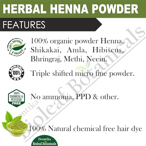 Image of Drontika Bioleaf Botanicals Mehandi /Henna Powder | With Amla, Shikakai & Brahmi Powder | For Extra Conditioning | Control Hair Fall & Repairs Damaged Hair 200g