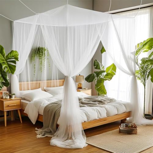 SZHTFX Mosquito Net for Double Bed 4 Corner Post Bed Canopy for Anti-Insect Hanging Net for Single to King Size Bed for Outdoor or Indoor Bedroom Travel Camping (White)