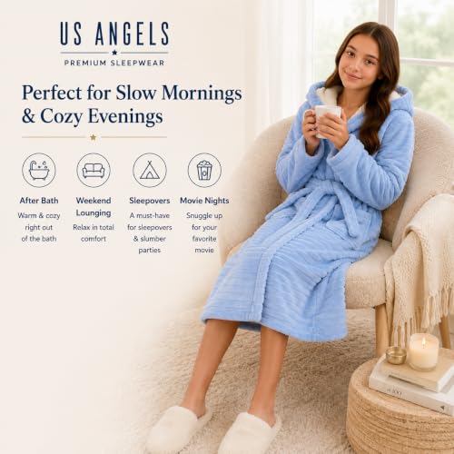 Image of US Angels Plush Robe For Girls- Plush Winter PJ Robe With Pockets, Hoodie & Belt- Ultra-Soft Bathrobe