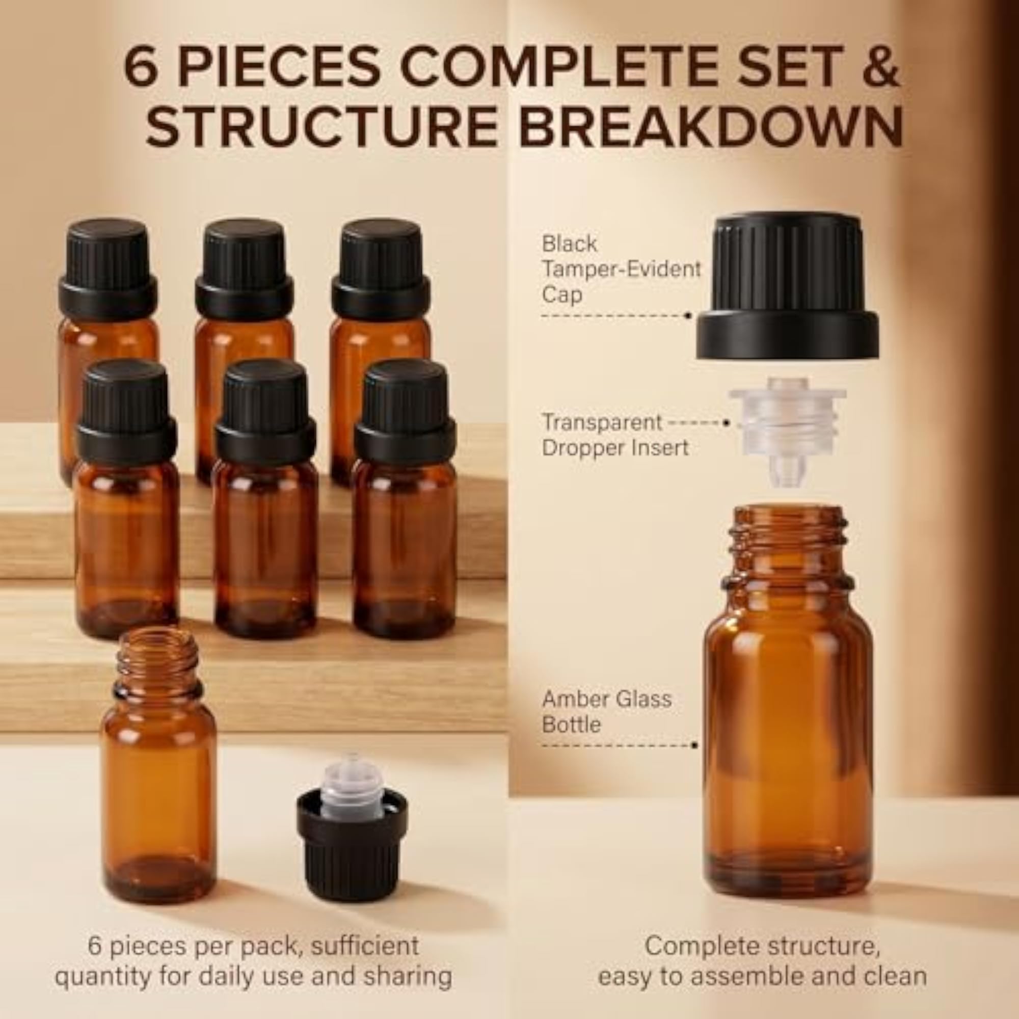 6pcs Refillable Empty Amber Glass Essential Oil Bottles