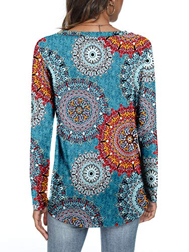 LONGYUAN Women Winter Top Casual Loose Fitting Tshirts Long Sleeve V Neck Cotton Tunic Fl Mix Blue,X-Large