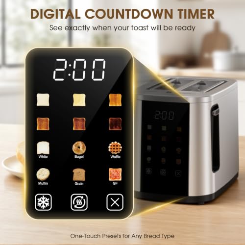 Image of Foyoconven 2 Slice Toaster with Touch Screen, 1.5 inch Extra Wide Slots for Bagels & Thick Bread, Stainless Steel, Digital Countdown Timer, 6 Shade Settings, Defrost /Reheat /Cancel, Removable Crumb Tray