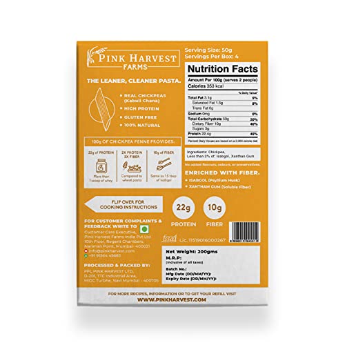 Image of Pink Harvest Farms Chickpea Pasta | No Rice - No Maida | Vegan | Gluten Free | High Protein | (Chickpea Penne Pasta, 200 Gm (Pack Of 2))