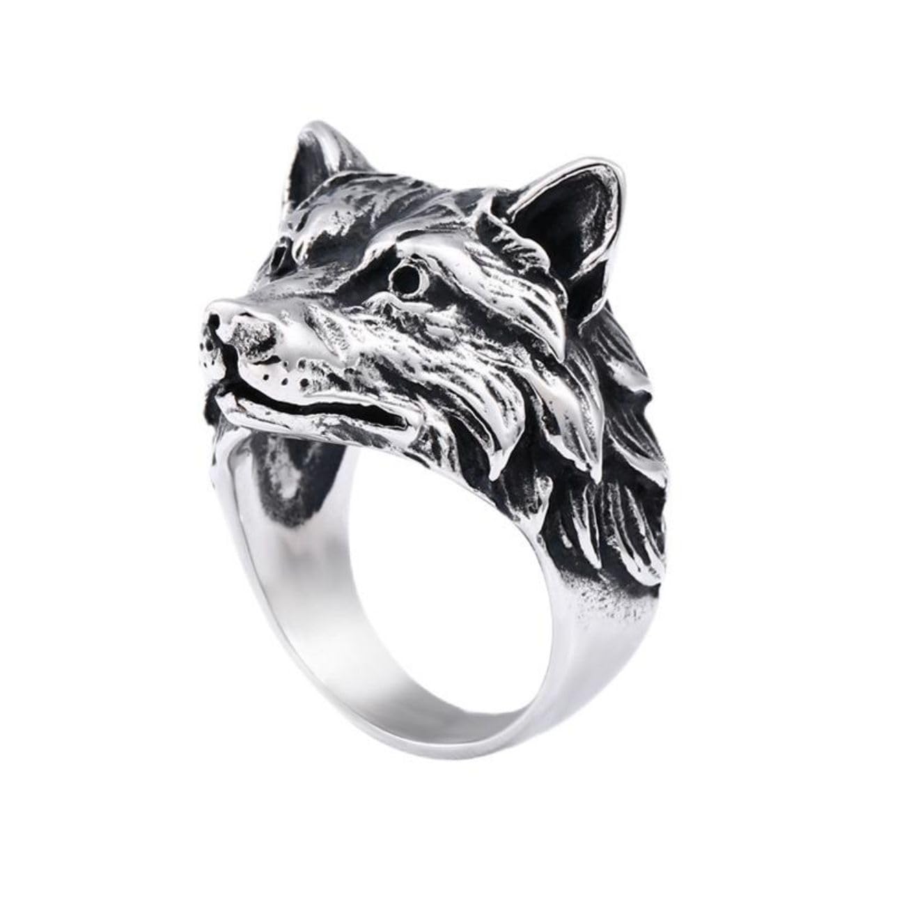 Bague Tête De Loup Viking Nordique Homme - Anneau Amulette Totem Loup Rétro Punk Rock, Chevalière Loup Argenté Antique, Bijoux Courage & Puissance