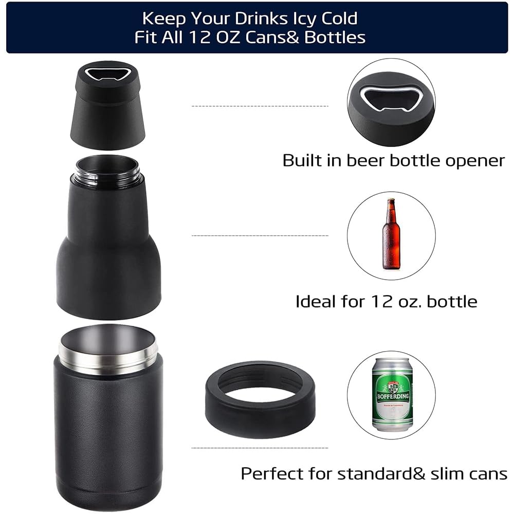 DEAUVIOR 3 in 1 Beer Bottle and Can Cooler, Vacuum Insulated Double Walled Stainless Steel Cooler with Beer Opener, 12 oz Slim Can Insulator Holder (Silver)