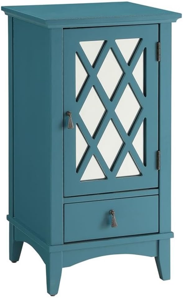 Ceara Wooden Accent Table with Storage Drawer and Glass Door in Teal
