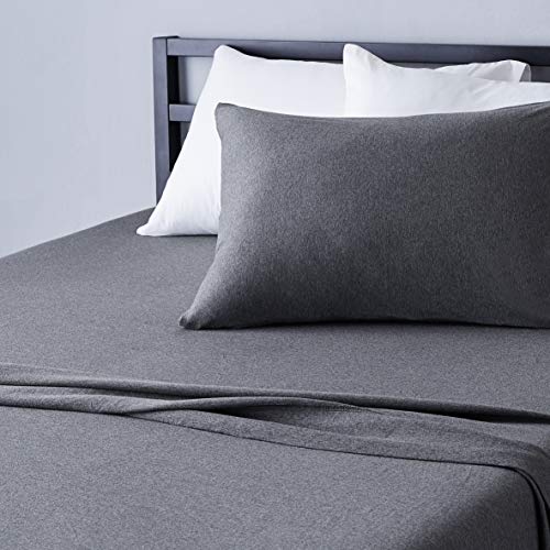 Image of Amazon Basics Breathable, Stretchy 3 Piece Bed Sheet Set, 100% Cotton Jersey Knit, Includes Flat and Fitted Sheets, Pillowcase, Machine Washable, Twin, Dark Gray, Solid