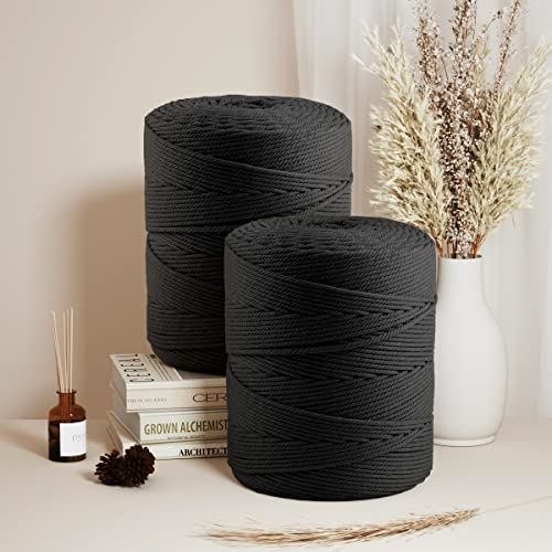 Image of ZUEXT Macrame Cord, Black, 4mm x 547yds Cotton String Macrame Yarn | Natural Handmade, 4 Strands Twisted Cotton Rope, for Craft Wall Hanging Weaving Tapestry Dream Catchers Hanger DIY Gift, 500m