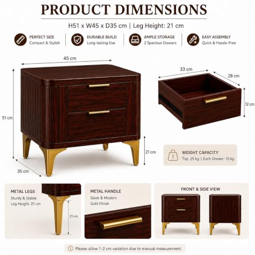 Image of Solid Sheesham Wood Bedside Table for Bedroom & Livingroom | Nightstand End Table with 2 Drawers Storage for Home | Modern & Luxury Design| (Mahoganyn Finish)