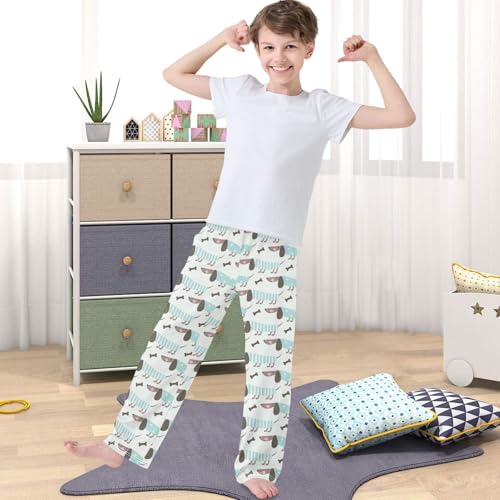 Boy's Pj Pants Green Dachshund Dog Bone Lounge Bottoms Elastic Waist Kids Joggers with Pockets Size 6-144