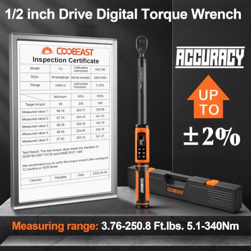 Image of Coobeast Digital Torque Wrench 1 /2 Drive, Adjustable Electric Torque Wrench Tool Set, Preset Value(3.76-250.8 Ft.lbs. /5.1-340Nm), Buzzer and LED Alert, Adapter&Extension Bar for Bike Motorcycle(Black)