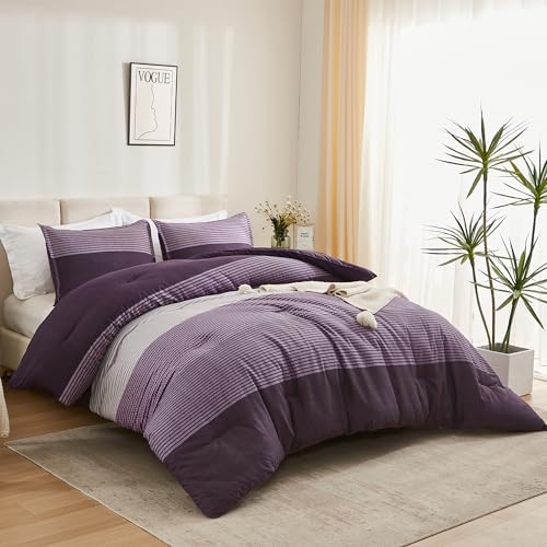 Litanika Purple Queen Comforter Set, 3 Pieces Striped Bedding Set, Lightweight Soft All Season Down Alternative Comforter Set (1 Gray&Purple Comforter, 2 Pillowcases)