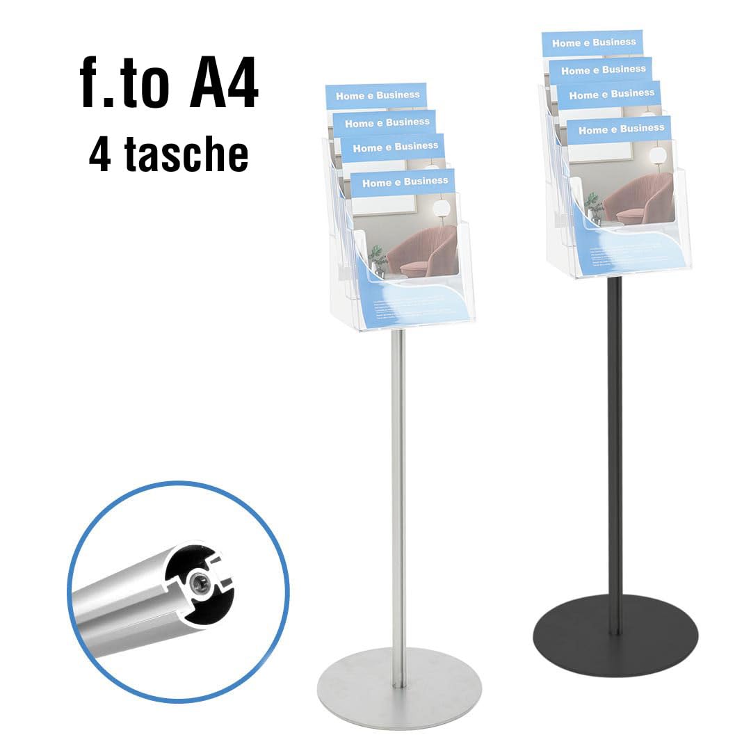 Danieli - Porta Depliant da Terra in Acrilico Trasparente A4 con 4 tasche, per Riviste e Brochure. Porta Volantini Resistente da Utilizzare come Espositore per Ufficio e Negozi. (Alluminio Nero)