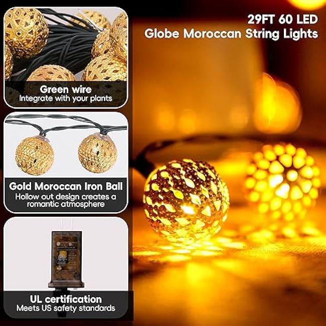 Moroccan String Lights Plug-in 60 LED 29ft Indoor Outdoor Waterproof 8 Modes Diwali Lights With Timer & Remote Control, Decorative Globe for Bedroom Christmas, Warm White