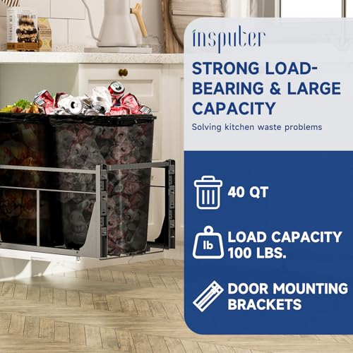Image of Insputer Dual Pull Out Trash Can Under Cabinet with Push to Open Slide Grey | Soft-Close Slide, Heavy Duty, Not Included Bin, Under Sink Garbage Can Kit for Kitchen, Laundry, Requires 18 inchW X 24 inchD Cabinet