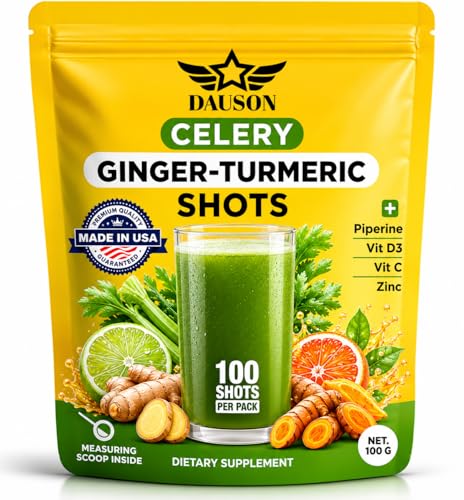 DAUSON Celery Shots Boosted with Ginger Turmeric Piperine & Prebiotics Shots | Wellness Herbal Supplement for Detox Immunity Boost & Digestive Support | 100 Servings