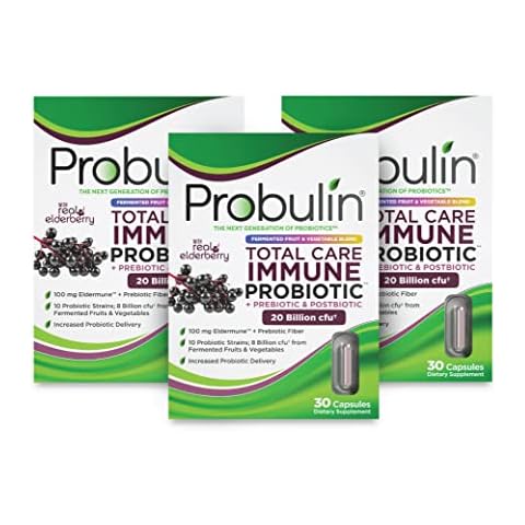 Probulin Total Care Immune = Prebiotics + Probiotics + Postbiotics + Elderberry to Support Immune & Gut Health - 20 Billion CFU - 10 Strains - 30 Vegan Capsules (Pack of 3) Cover