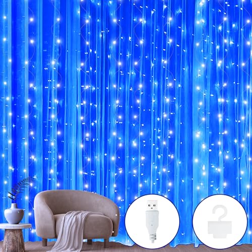 Ollny Rideau lumineux LED - 2 x 2 m - 200 LED - Rideau lumineux intérieur USB - Guirlande lumineuse intérieure pour fenêtre avec 10 crochets - Pour...