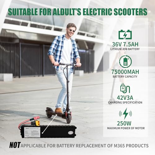 Image of Scooter Battery, 36V 7500mAh Rechargeable Lithium Battery Pack for 36V E-Scooters, with 15A BMS, Multiple Adapters Compatible with Most Electric Scooters 270WH