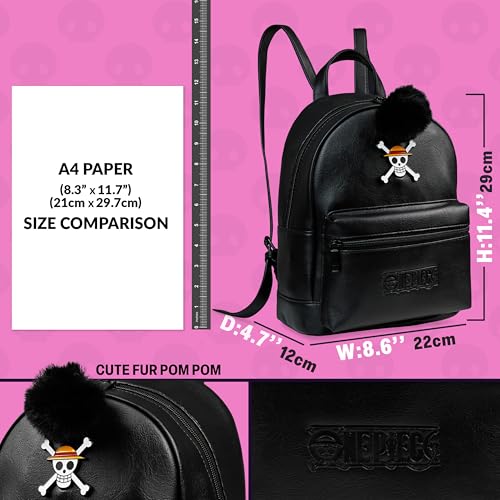 One Piece Mini Backpack for Women Teens Faux Leather Daypack, Small Rucksack, Anime Shoulder Bag with Pom Pom, Travel Gifts for Women2