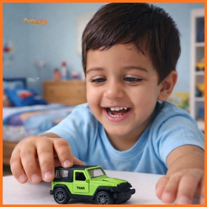 Image of Thar Diecast Matel Toy Car For Kids 1:32 Scale with Pull Back Action | Openable Doors Mini Jeep SUV Model Vehicle with Lights & Sound | Collectible Toy Car Gift for Kids Boys Girls 3+ Die Cast (Green)