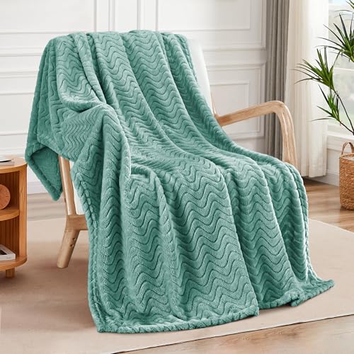 Exclusivo Mezcla Throw Blanket for Couch, Cozy Lightweight Fleece Blankets with Decorative Wave Textured Suitable for Winter, Celadon, 50x70 Inches