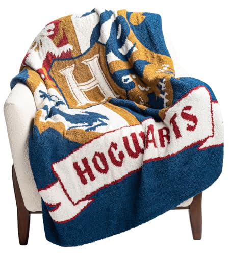 Harry Potter Feather Knit Fluffy Throw Blanket - Hogwarts Crest Fuzzy Blanket Measures 50 x 60 Inch, Super Soft Lightweight Bedding