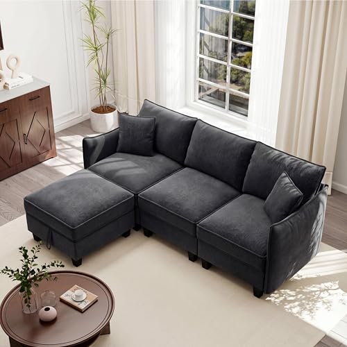 Image of Ihanherry 85.8 inch Modular L-Shaped Sectional Sofa, Modern 4-Seat Cloud Couch with Storage Ottoman, Comfy Chenille Convertible Furniture Set for Living Room, Apartment, Easy Assembly, Black