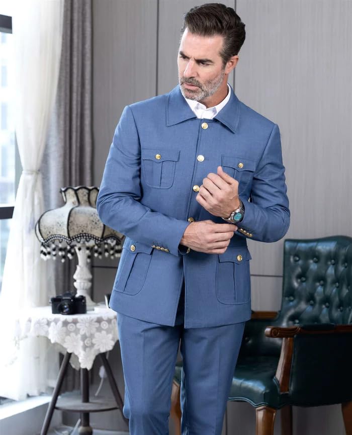 Vintage Men's 2 Pieces Suits Classic Fit Safari Jacket with Metal Clasp Notch Lapel Hunting Coats for Wedding2
