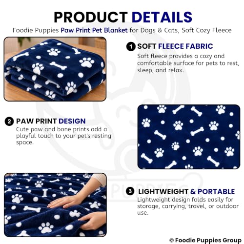 Image of Foodie Puppies Pet Blanket for Dogs & Cats - Navy Blue Paw Print Fleece Blanket, Soft Cozy Washable Cover for Puppies, Kittens & Pets | 39 x 30 Inch