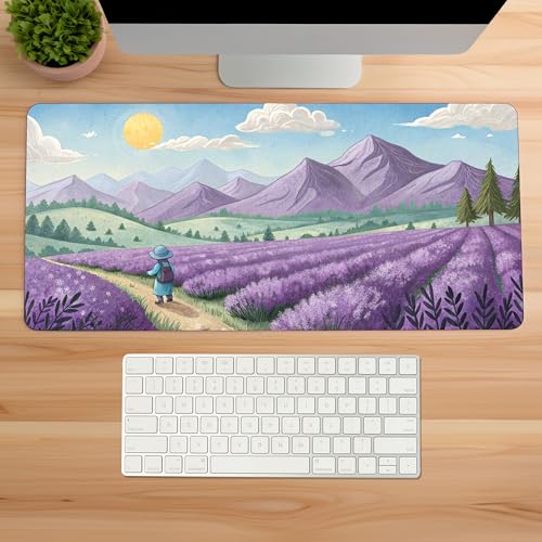 Image of Dreamy Lavender Fields Premium Desk Mat | Anti-Skid | Anti-Slip | 60 x 28 cm | Laptop Mat for Work from Home /Office /Gaming- Extended Mouse pad and Keyboard Desk mat