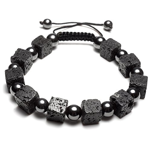 QGEM - Pulsera de cuentas cuadrada para hombre con piedras de lava magnéticas, 8 mm, pulsera de energía trenzada, ajustable