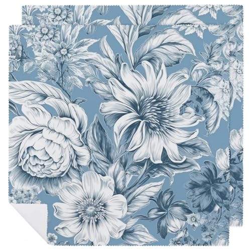 Servilletas de tela cuadradas con diseño floral azul y blanco miniatura 1