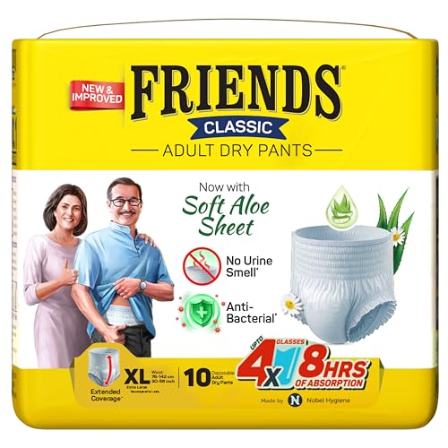 Friends Classic Aloe Vera Adult Diaper XL Size Pants | 10 Count (Extra Large) | Waist 30-56 inch | Unisex | Leakproof | Quick & Even Absorption | Long Protection hours | Brief-Like Fit | Odour Lock | Elastic Waist & Anti-Bacterial Absorbent Core
