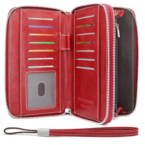 Portafoglio Donna pelle PU Grande Capacità Lungo Con Cerniera Bloccaggio RFID Elegante Portamonete Con 14 Scomparti per Carte Rosso Vino
