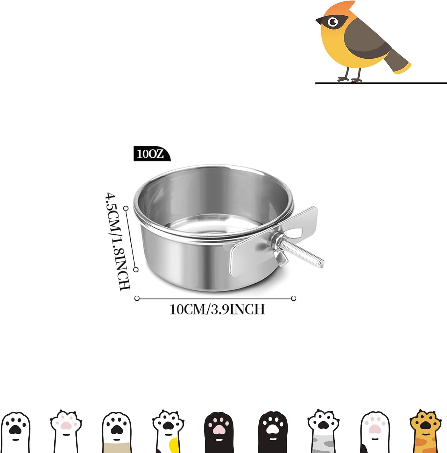 Bird Cage Feeder, Bird Feeder for Cage, 2 Pcs 10oz Stainless Steel Food Water Bowls with Clamp, Hanging Coop Cups for Parrot Cockatiel Hamster Rabbit Rat Small Animals - image 2