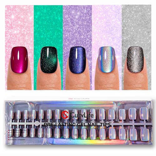 CurvLife Soft Gel Cat Eye Press On Nails Square 160Pcs 32Size Square Full Cover Nail Tips Glossy Glitter Light-Chasing Design Reusable Stick On Nails for Women & Girls