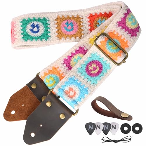 Image of Nefelibata Guitar Strap,Jacquard Embroidery Cotton Guitar Straps with Crazy Horse Leather Ends for Bass, Electric & Acoustic, Best Gifts for Kids, Guitarists(Smiling White Embroidery)