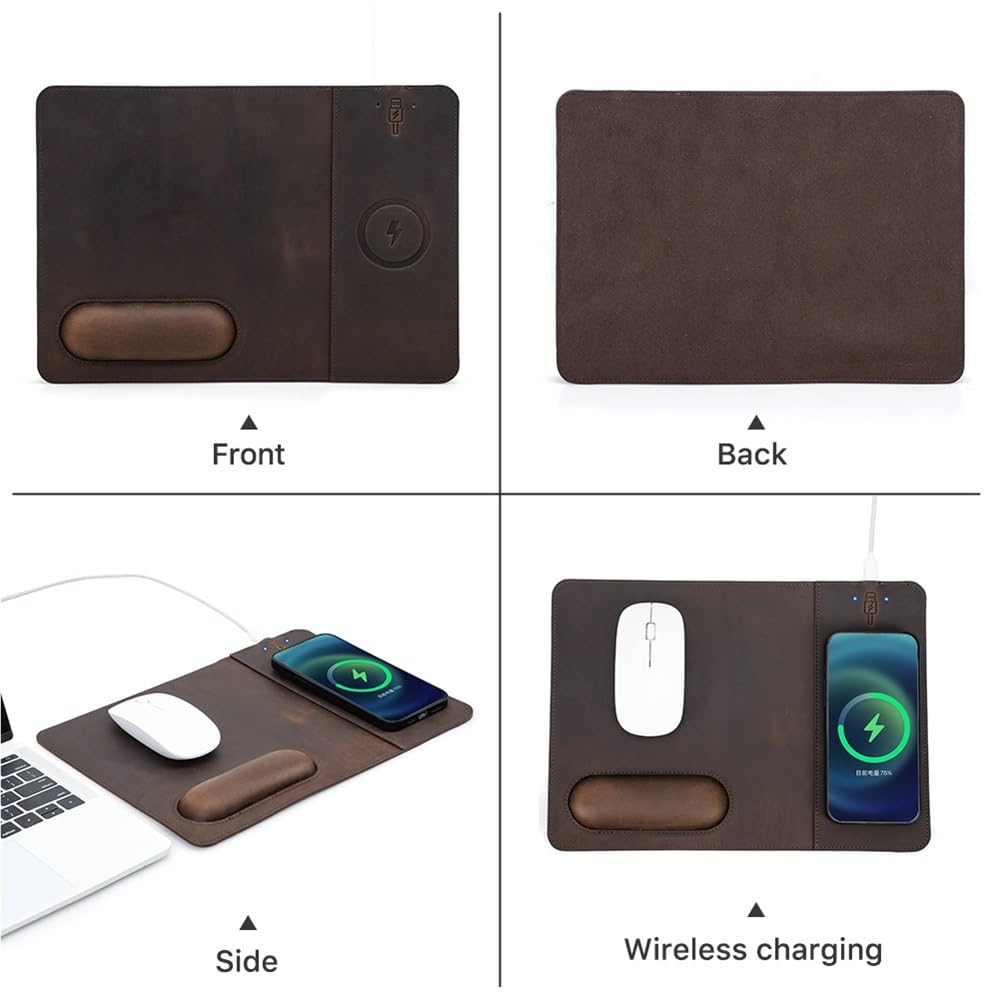 Podkładka pod mysz z bezprzewodowymi ładowarkami do telefonu 15 W, prawdziwa skóra, ładująca podkładka pod mysz do komputera PC, laptopów, akcesoria biurowe