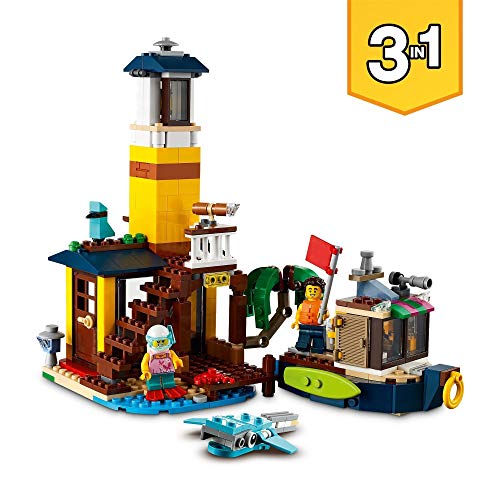 LEGO 31118 Creator 3en1 Casa Surfera en la Playa, Barco o Avión Biplano, Juguete de Construcción con Animales para Niños y Niñas de 7 Años o Más