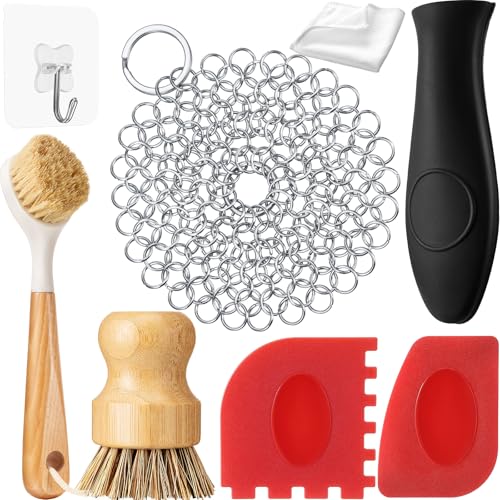 8 Pieces Cast Iron Skillet Cleaner Care Kit Include Chainmail Scrubber, Bamboo Handle Dish Brush, Scrub Brushes, Pan Grill Scrapers, Towel, Wall Hook and Silicone Hot Handle Holder(White)