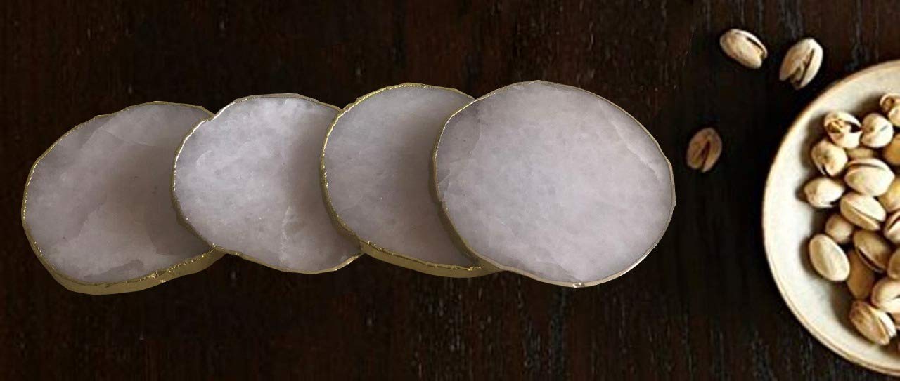 The RAAVYA Premium Natural Purple Agate Coaster Set – 4″ Hand‑Cut & Polished Stone Slices with Luxe Gold Edging – Spill‑Proof Durable Table Protectors for Tea, Coffee & Cocktails – Set of 4