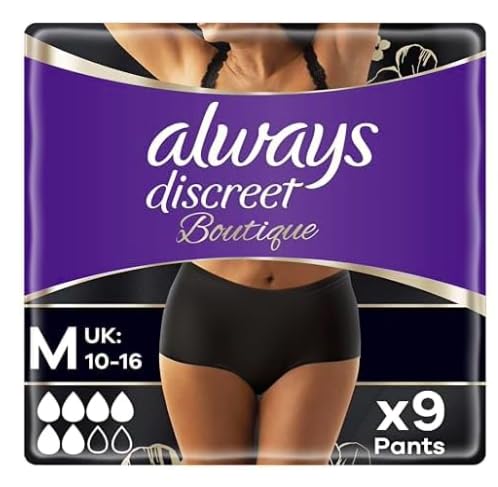 Packs of Always Discreet Boutique Incontinence Pants Women Odour Neutraliser, Softness and Protection, for (Medium Size, Black, 9 High Absorbency Plus Pants)