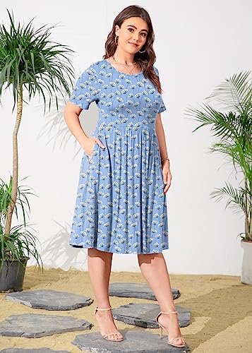 Image of POSESHE Womens Plus Size Summer Dress 2026 Casual Short Sleeve Empire Waist Loose Fit Swing T-Shirt Dress with Pockets