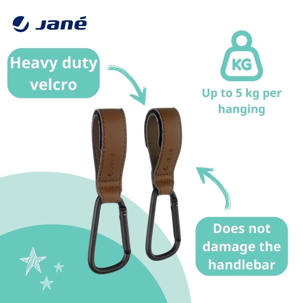 Jané Uniwersalne wielofunkcyjne haczyki 2 sztuki, do wózka kierowniczego, wózka, wózka, wózka, torby na zakupy, plecak, itp., do 5 kg, brązowe