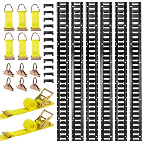 VEVOR E-Track-Zurrschienen-Set, 6er-Pack 1,5 m, 26-TLG. Zubehör, inkl. 2 Ratschengurten & 6 O-Ringen & 6 Zurrgurten mit D-Ring & 12 Endkappen, für Garagen, Lieferwagen, Anhänger, Motorräder
