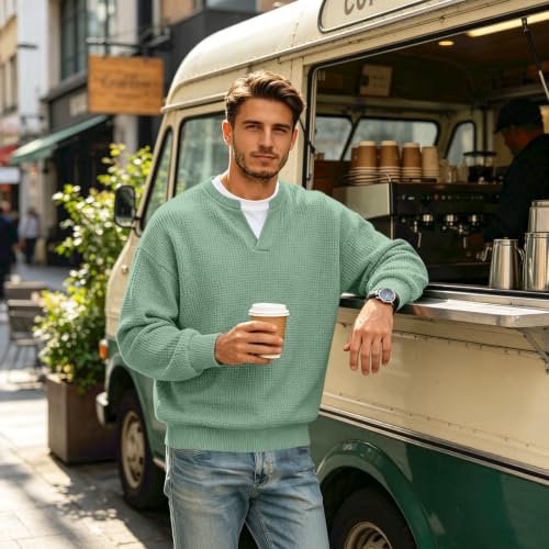 Mens Henley Long Sleeve Shirt Comfort Textured Waffle Knit Golf T Shirts | Collared,Breathable Slim Fit Fitted,Thermal Shirt,Plus Size Untucked,Undershirts,Comfy Workout Golf,Pullover Sweatshirt Green - image 4