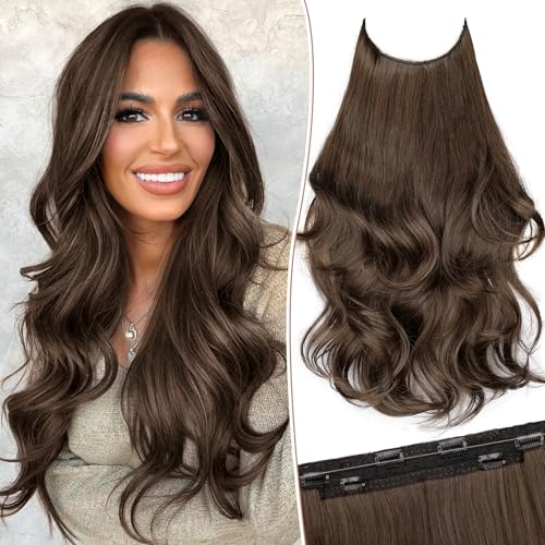 KooKaStyle Invisible Wire Hair Extensions Long Wavy Layered Synthetic Hair Extensions with Transparent Wire Adjustable Size 6 Secure Clips Medium Ash Brown Hairpieces for Women 20 Inch