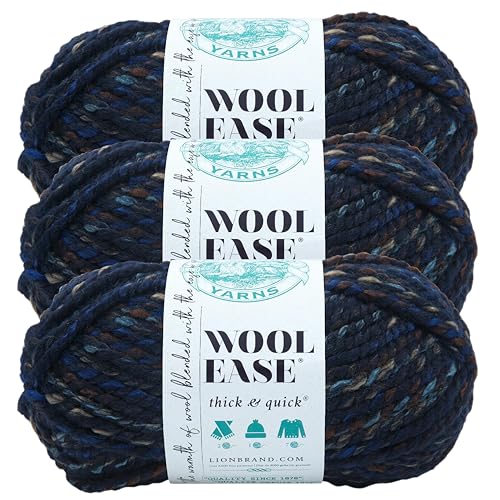 Image of Lion Brand Yarn, Wool-Ease Thick & Quick Yarn, Night Shadow, Blue, 3 Pack | Super Bulky Wool Acrylic Blend Fiber for Soft Hats, Sweaters, Chunky Blankets, Yarn for Crochet, Knitting, Crafts, Weaving