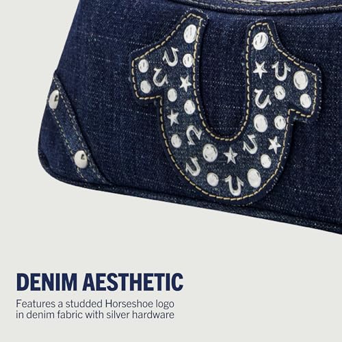 True Religion Women's Shoulder Bag Purse, Mini Travel Handbag with Studded Horseshoe Logo, Denim3